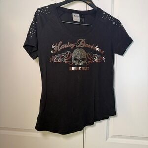 Harley Davidson Womens Black Skull Graphic Studded Shoulder T-Shirt Medium M
